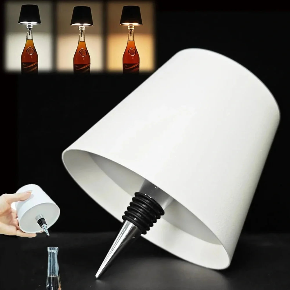 Wireless LED desk lamp with wine bottle design showing detachable components and touch control panel