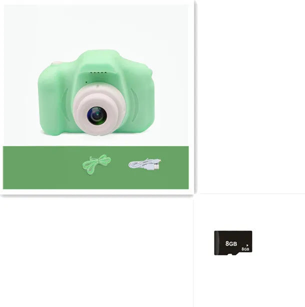 Colourful kids digital camera with silicone case showing 2-inch screen and lens.
