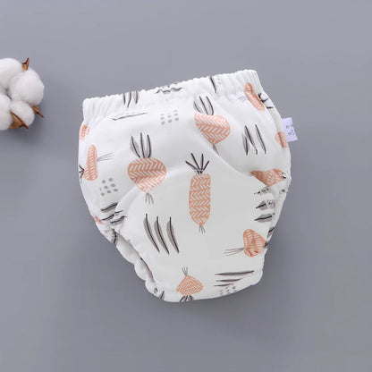 Washable baby training pants with 6-layer gauze construction in assorted patterns including animals and geometric designs