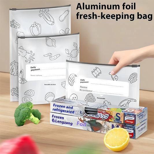 Set of aluminium foil sealed fresh bags in small, medium, and large sizes for food storage
