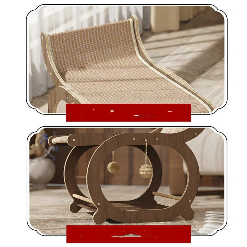 Solid wood sisal scratching mat with integrated cat bed showing 40cm scratching surface and 25cm resting area