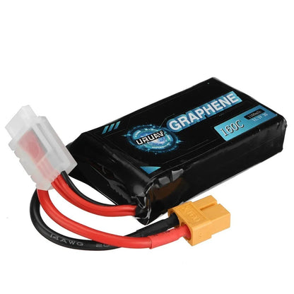 RC model lithium battery showing 7.4V 1200mAh specifications with 15x36x70mm dimensions
