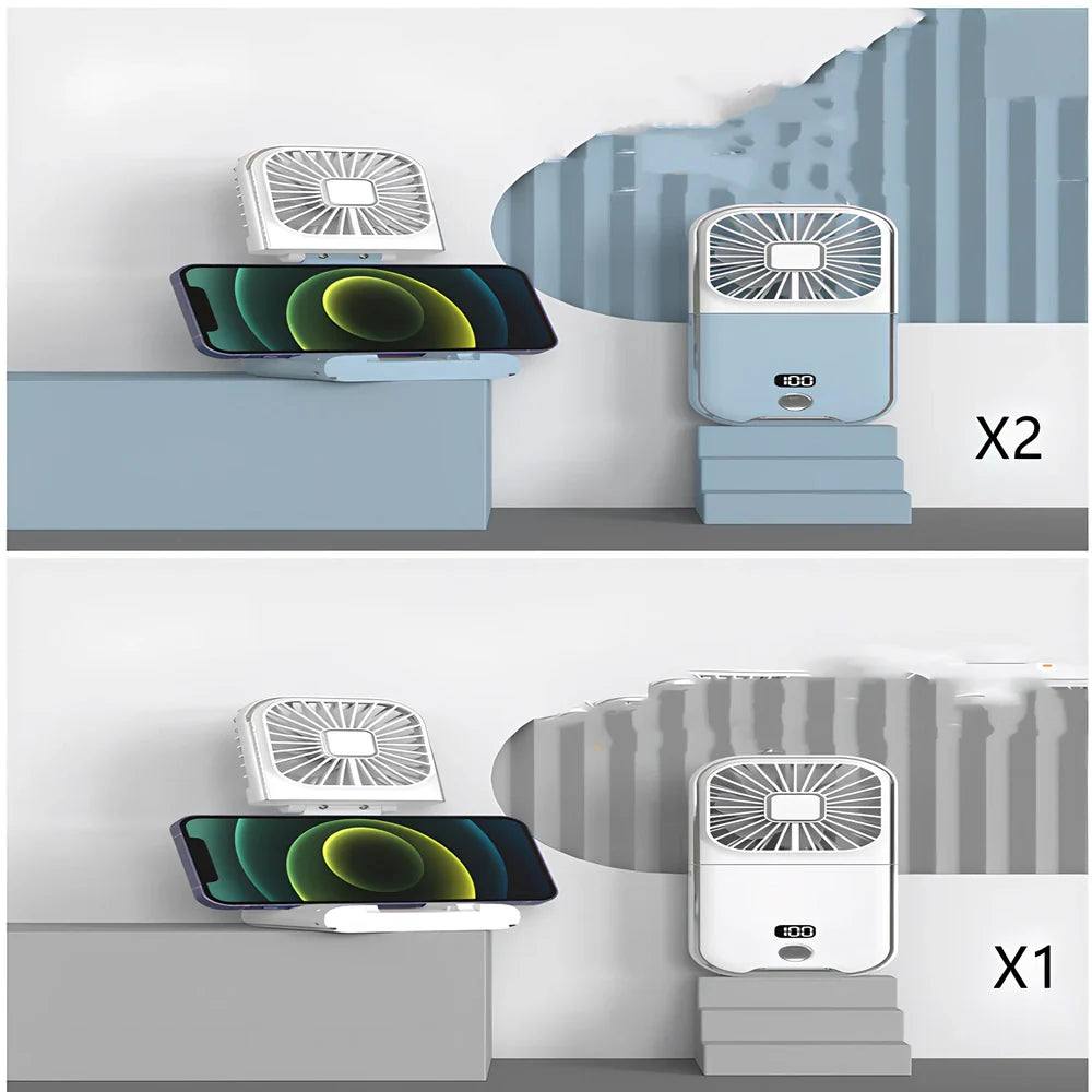 F30Pro folding portable handheld fan in white with digital display, 169x81x20mm size, USB charging, plastic blades for cooling