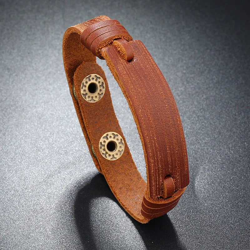 Adjustable leather bracelet with unique light board feature in light brown, black, and dark brown options.
