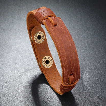 Adjustable leather bracelet with unique light board feature in light brown, black, and dark brown options.