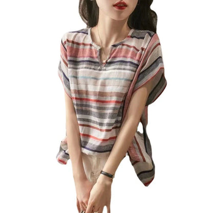 Stylish striped blouse for women with loose, flowy design in variety of sizes