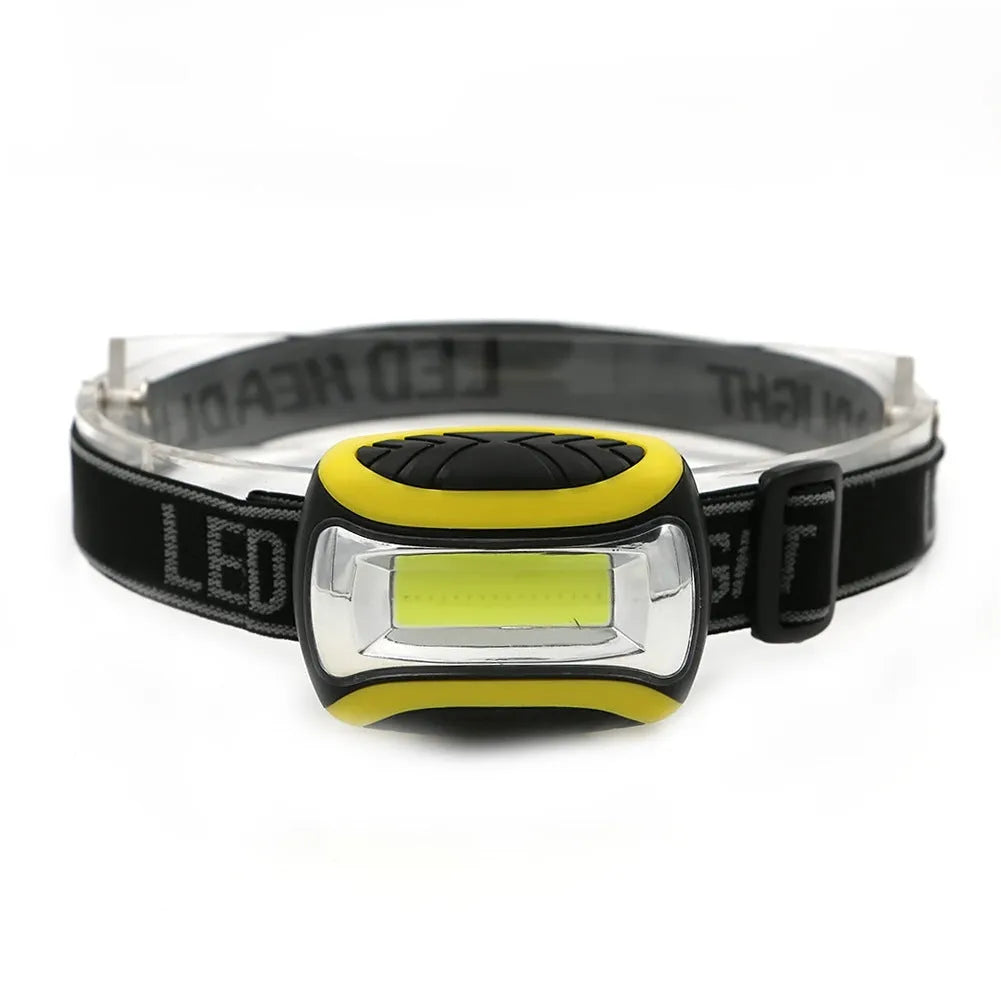 Yellow plastic headlamp with adjustable headband and COB LED light, showing three-speed control buttons.