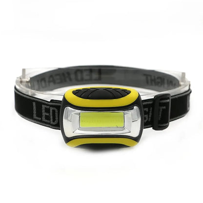 Yellow plastic headlamp with adjustable headband and COB LED light, showing three-speed control buttons.