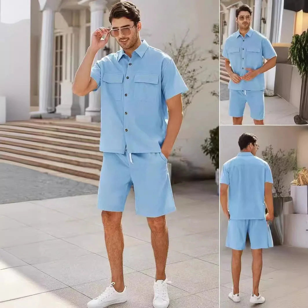 Men's summer suit set with short sleeve lapel shirt and drawstring shorts in various colors