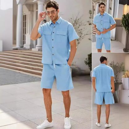Men's summer suit set with short sleeve lapel shirt and drawstring shorts in various colors