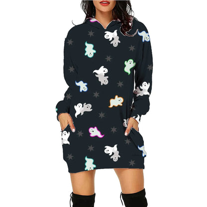 A comfortable and stylish Halloween-themed hooded sweatshirt with a unique printed design and convenient front pockets.