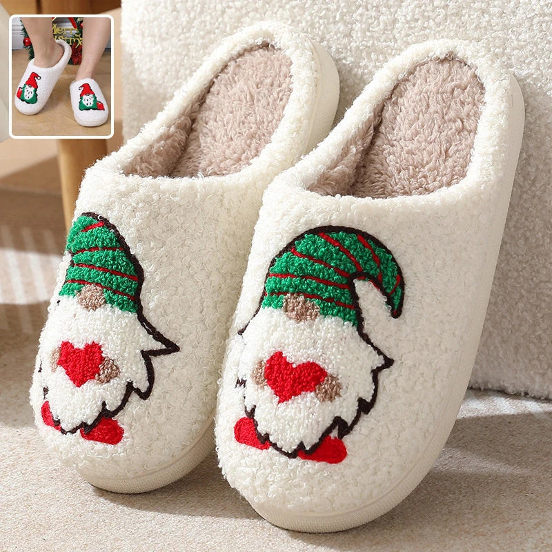 Cozy Santa Claus-themed plush slippers with soft, short-pile fabric and durable TPR soles for indoor wear and holiday cheer