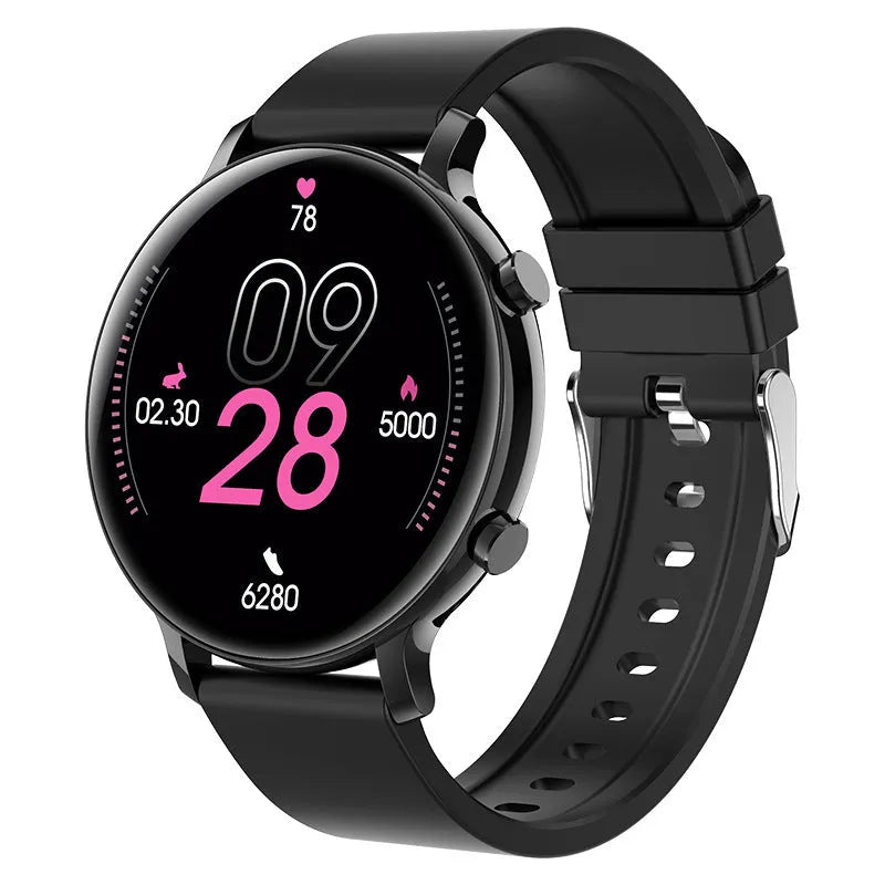 Bluetooth smartwatch with stainless steel strap showing heart rate monitoring display