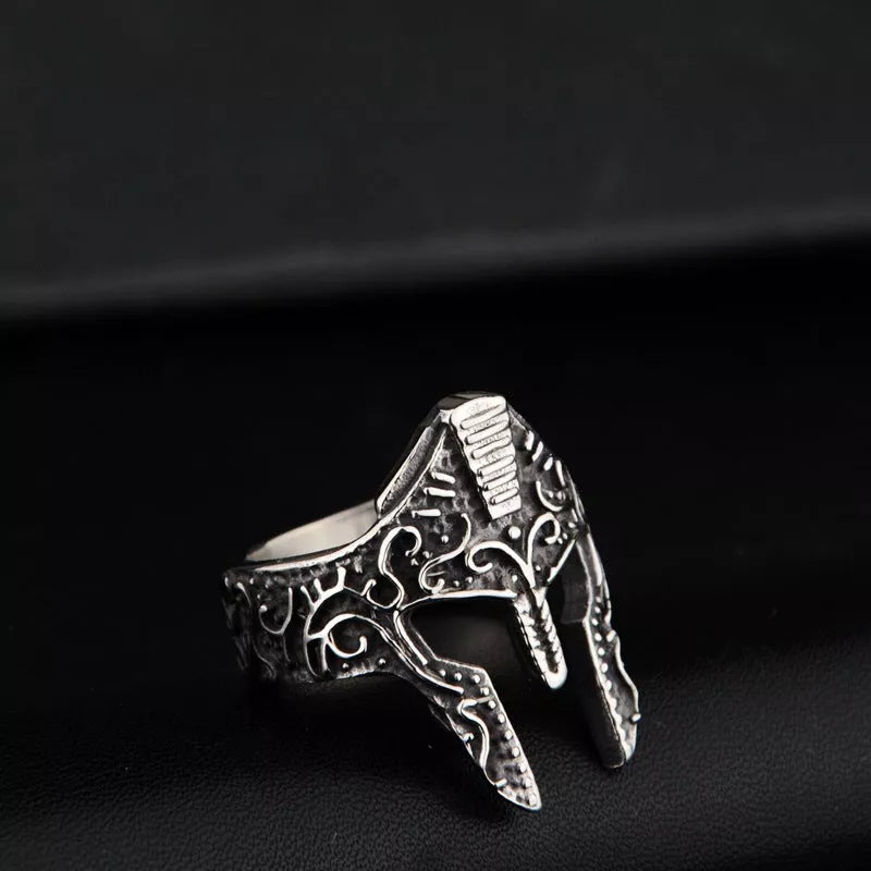 Stainless steel warrior mask ring in gold and silver finishes, sizes 8-12
