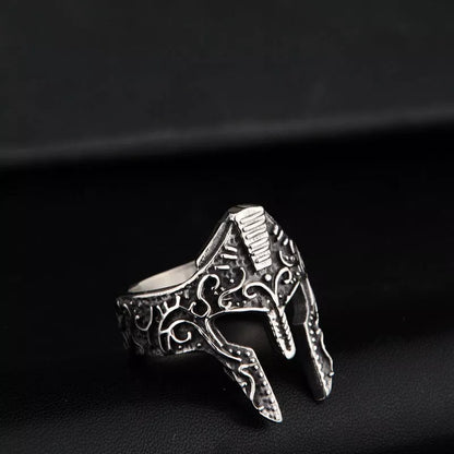 Stainless steel warrior mask ring in gold and silver finishes, sizes 8-12