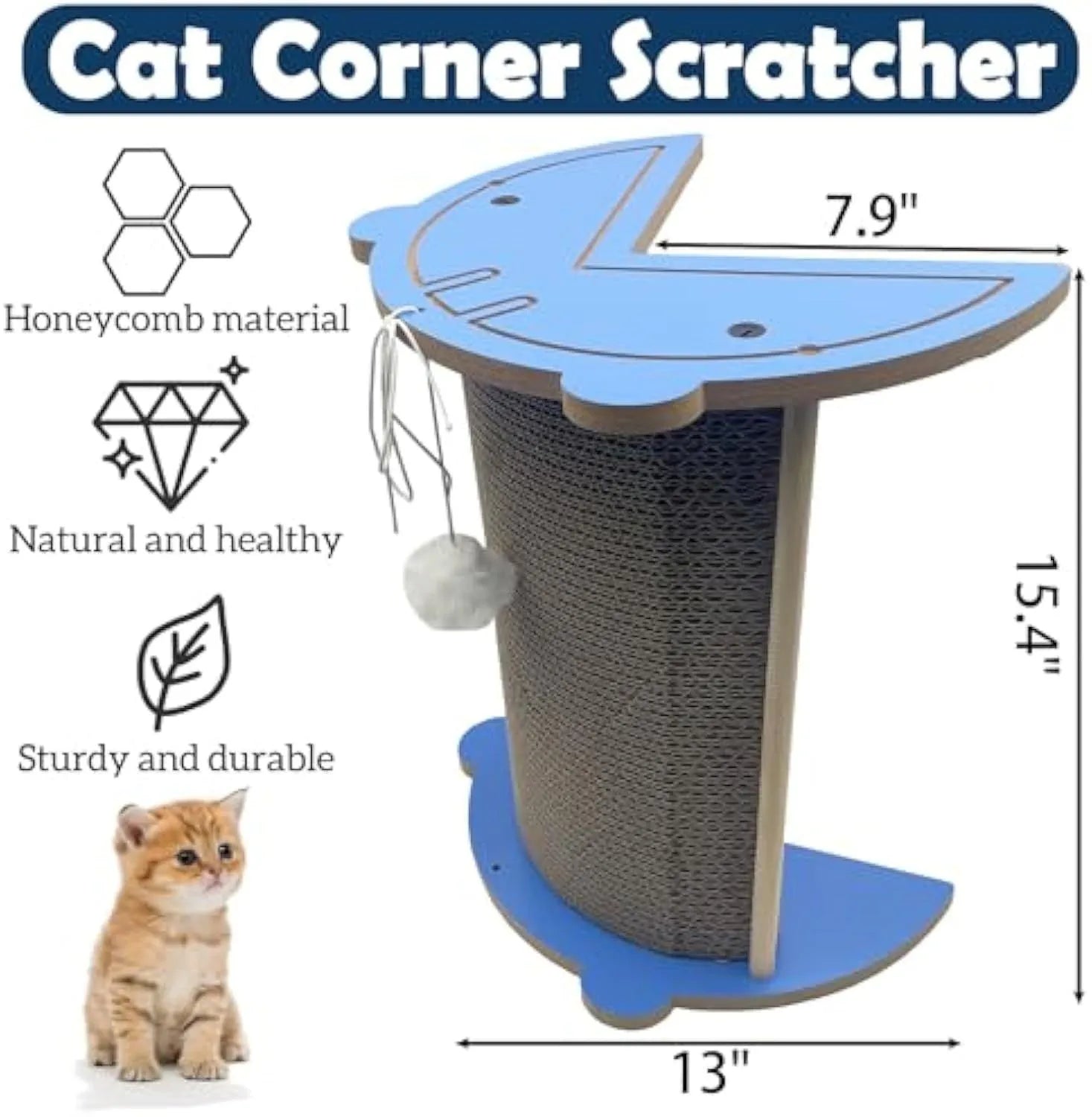 Grey cat using corner scratching pad with hanging ball in room corner