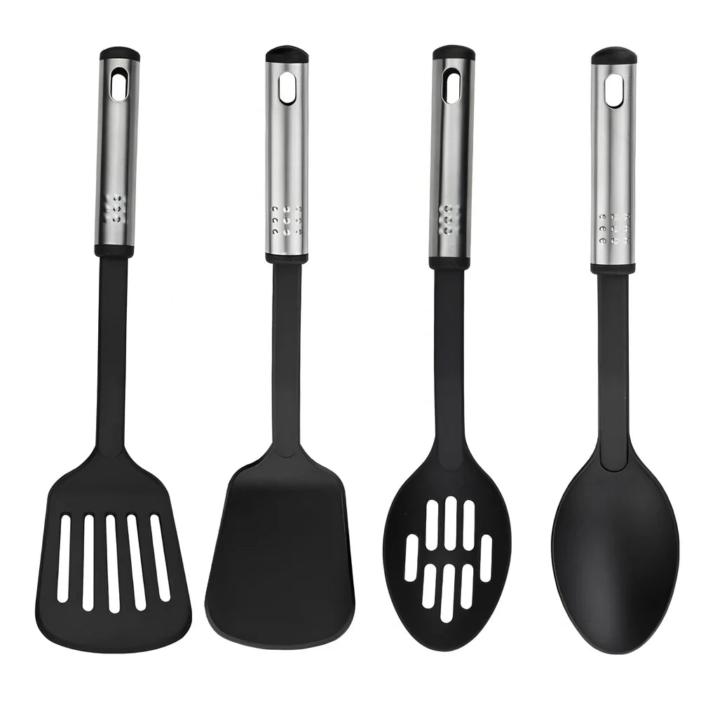 25-piece kitchen utensil set with hanging holes showing silicone heads and stainless steel handles organised on wall hooks
