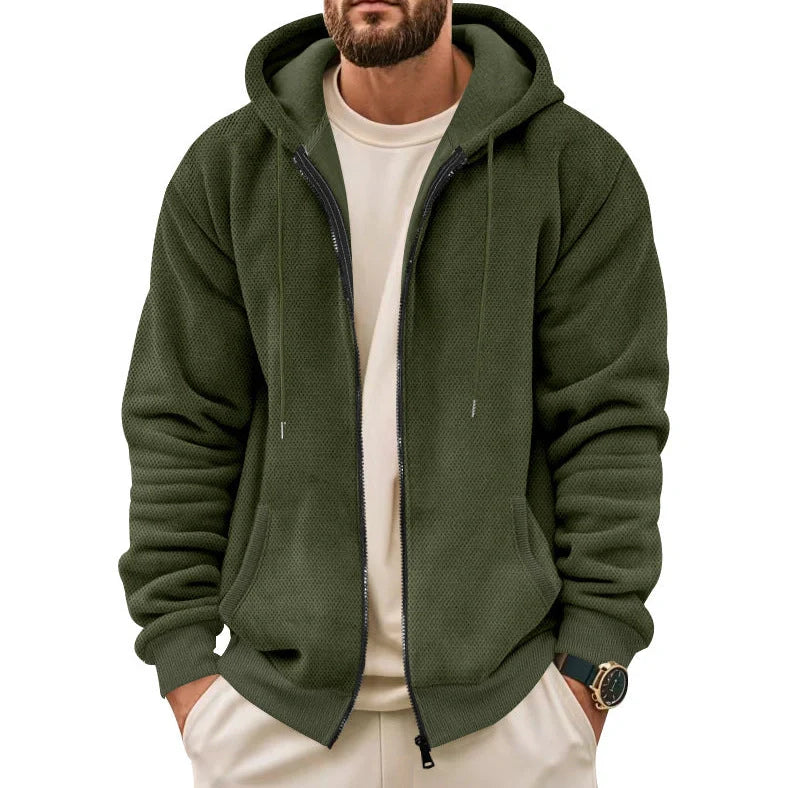 Men's grey zippered hooded sweatshirt with fleece lining and full-length front zip