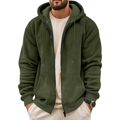 Men's grey zippered hooded sweatshirt with fleece lining and full-length front zip