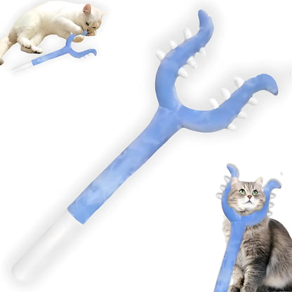 Blue and pink plush cat wand toy with a 70cm length and soft foam-filled head.