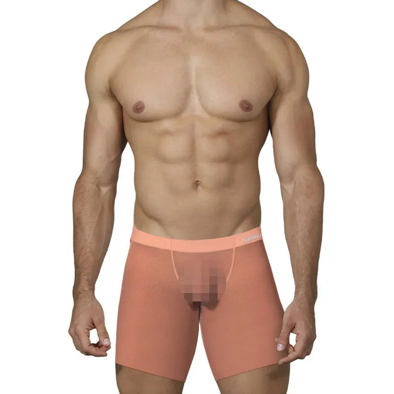 Men's solid colour ice silk nylon boxers on a white background, showing low-rise waistband