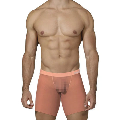 Men's solid colour ice silk nylon boxers on a white background, showing low-rise waistband