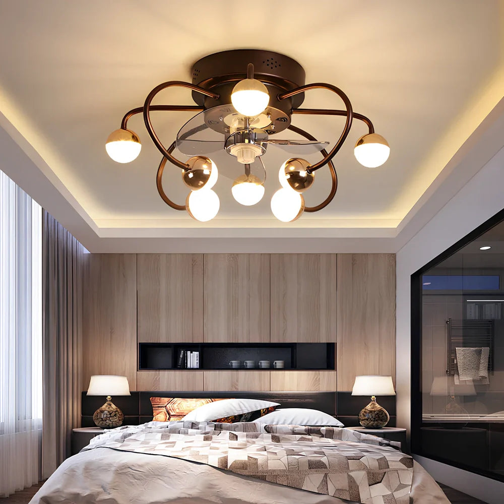 Ceiling fan light with metal blades and iron-plastic lampshade in coffee gold finish