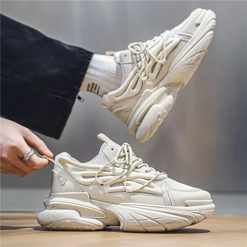 Men's breathable mesh sneakers in beige and black with rubber sole