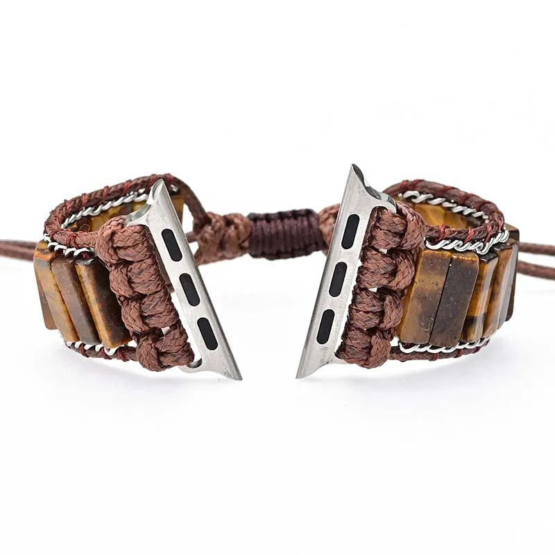 Rectangular tiger eye stone chain adjustable watch strap on textile band