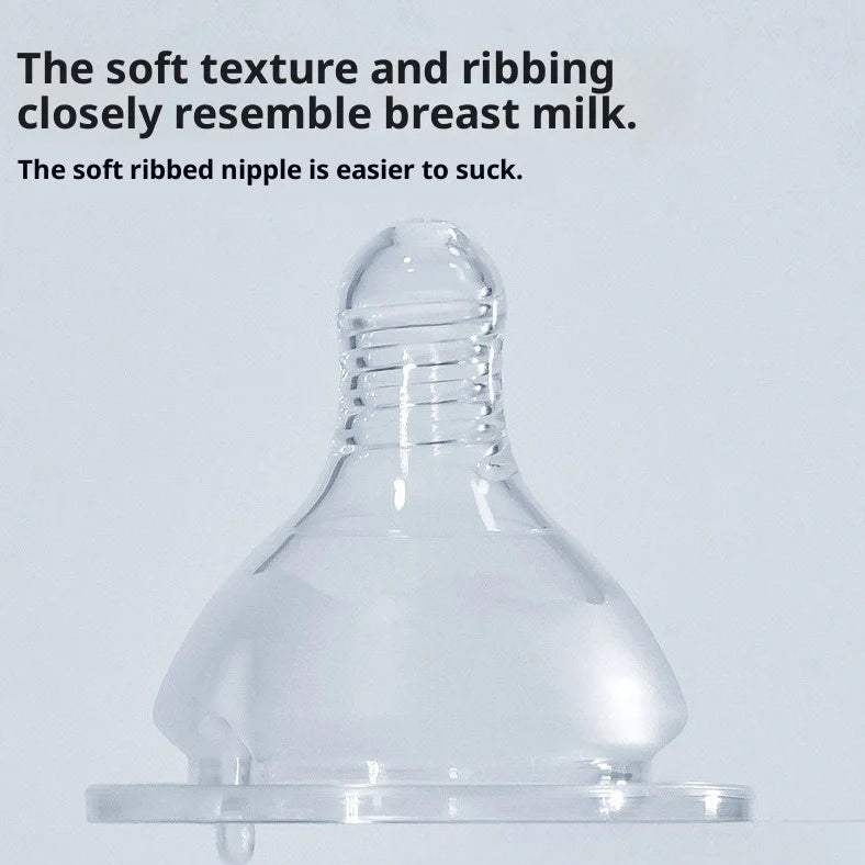 Transparent newborn feeding bottle with wide mouth and cross-hole silicone nipple for infants 0-3 months