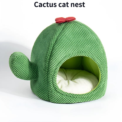 Dark green enclosed cat cave pet bed with plush interior for kittens and dogs