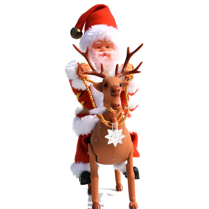Electric plastic Santa Claus on 30cm climbing ladder with riding deer, in red suit, for Christmas decorations