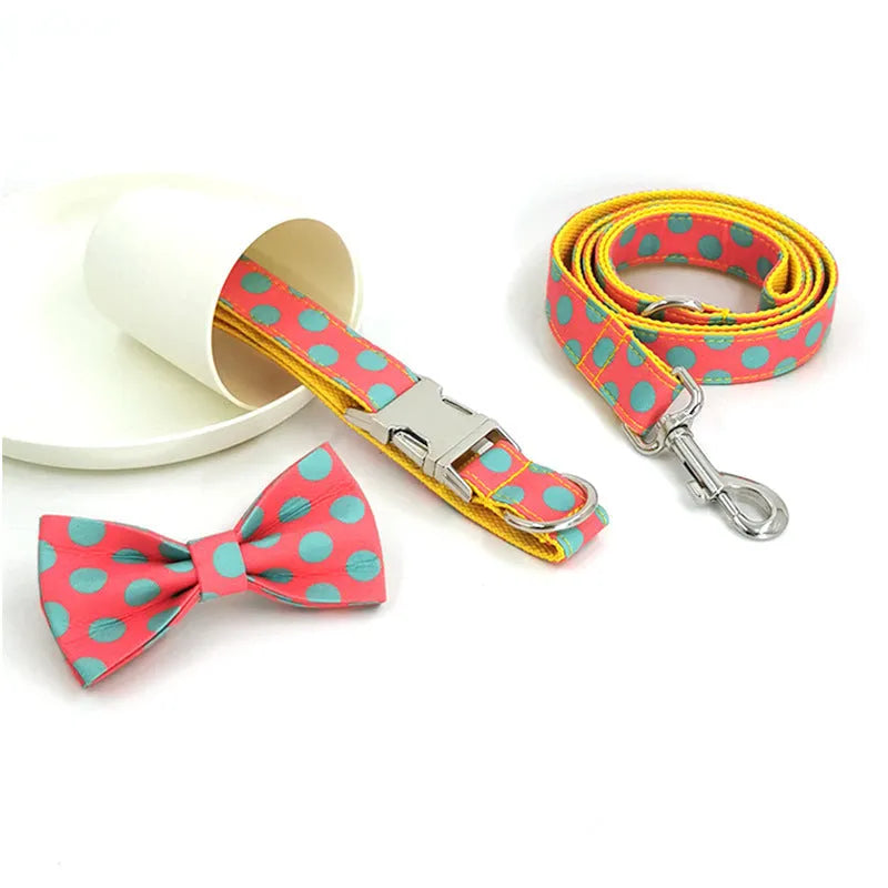 Yellow polka dot dog collar and lead set with adjustable sizing options