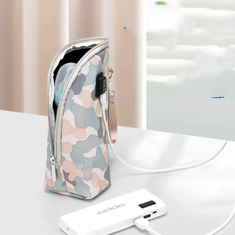 Portable milk bottle warmer with cloth cover and heating element for 55-75mm bottles