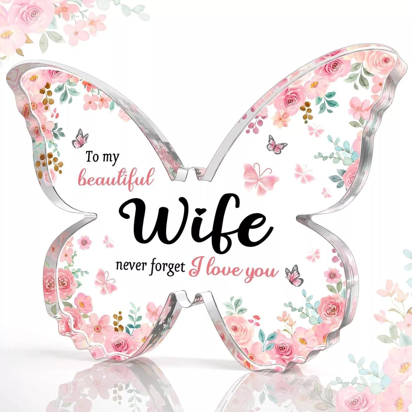 Butterfly-shaped acrylic keepsake with purple wing patterns and personalized message