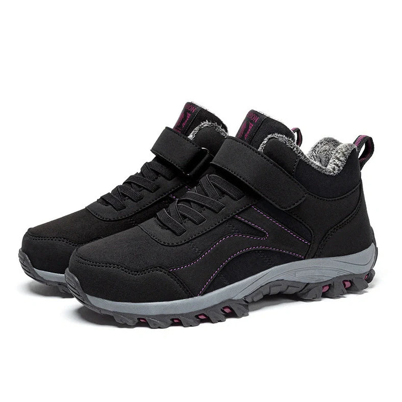 Women's high-top walking shoes with fleece lining and synthetic leather upper in maroon colour