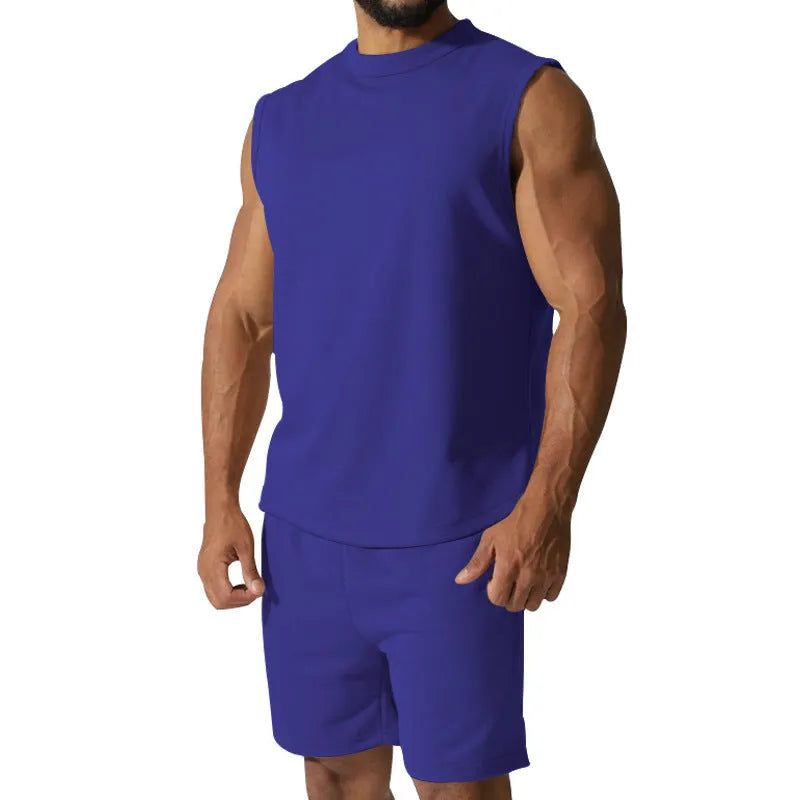 Men's sleeveless cotton blend sports suit set with shorts in multiple solid colour options