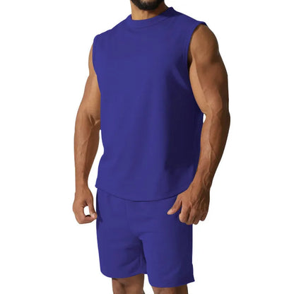 Men's sleeveless cotton blend sports suit set with shorts in multiple solid colour options