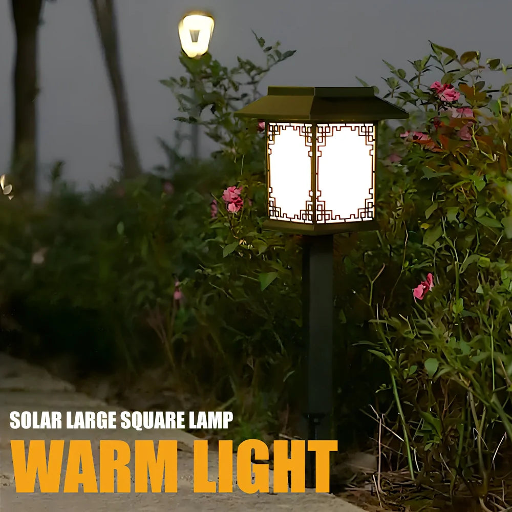 Square solar garden light with LED illumination for outdoor pathways