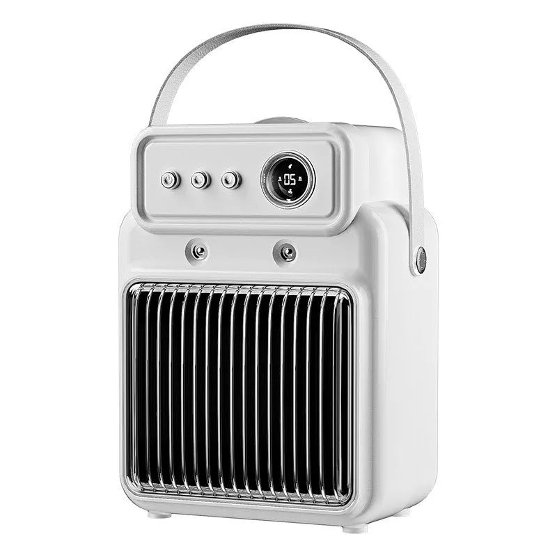 White compact table heater with humidifier function, control panel showing heat and fan settings.