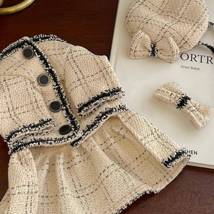 Beige cotton pet princess skirt with hairpin, sizes XS to 2XL, neck 20-35cm, bust 30-82cm, length 22-36cm