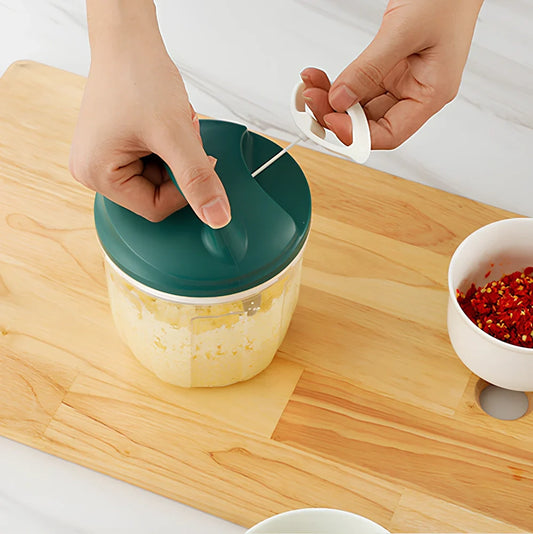 Gray household kitchen vegetable chopper with 200ml capacity and stainless steel blades measuring 10.5cm × 9.5cm