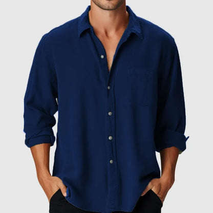 Pure Colour men's loose-fit beach shirt with stand collar and long sleeves in polyester fabric, showing colour options and sizing range