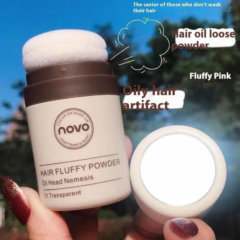 Mattifying oil control face powder container for hair bangs and hairline.