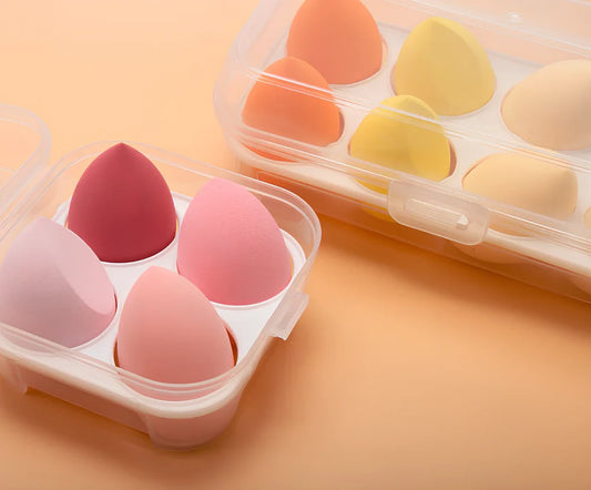 Four Beauty Egg makeup eggs in different colours with diagonal cut design, each measuring 60x40mm