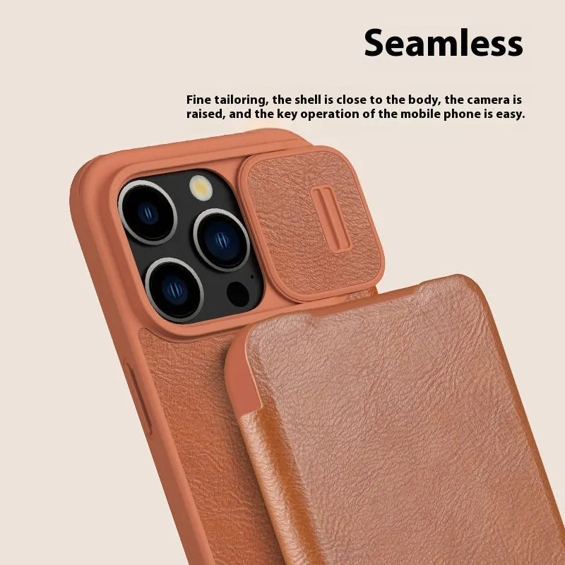 Flip-style imitation leather phone case for iPhone 14 Pro Max in black, brown, and red colour options