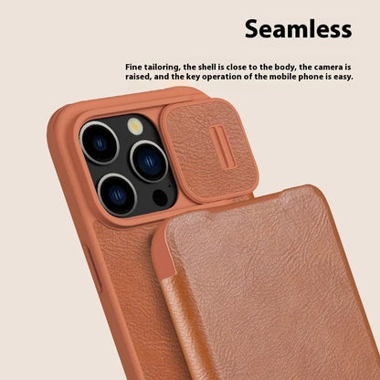 Flip-style imitation leather phone case for iPhone 14 Pro Max in black, brown, and red colour options