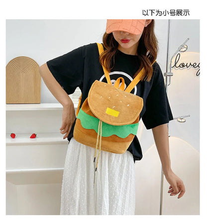 Hamburger-shaped plush backpack with adjustable drawstring and fastening buckle