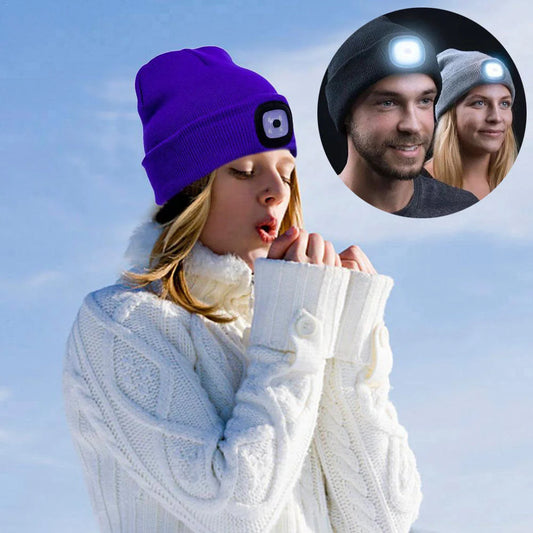 LED knit hat with glowing light for nighttime visibility and warmth