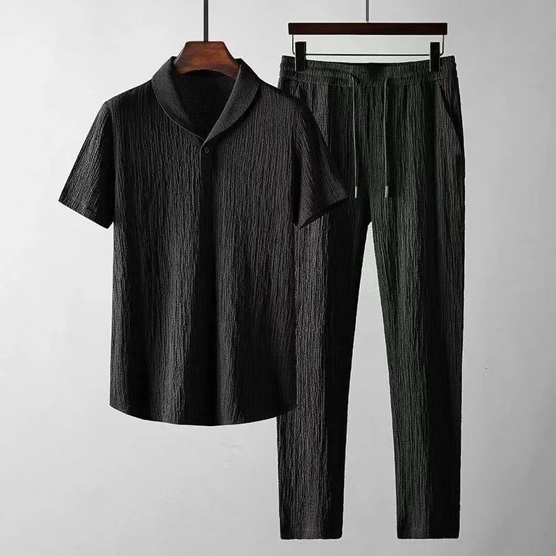 Men's summer leisure suit with loose-fit short sleeve top and drawstring trousers